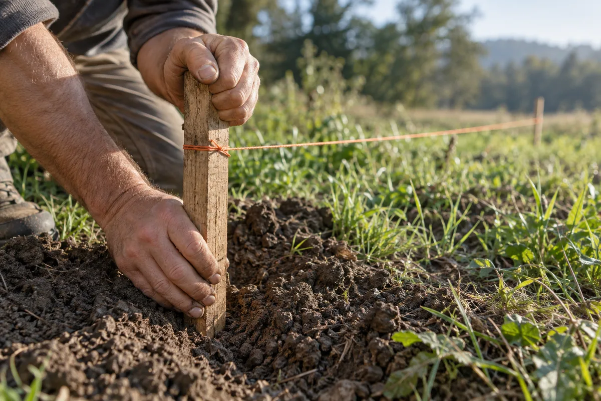 Mains plantant un jalon en bois avec un cordeau tendu en limite de parcelle herbeuse