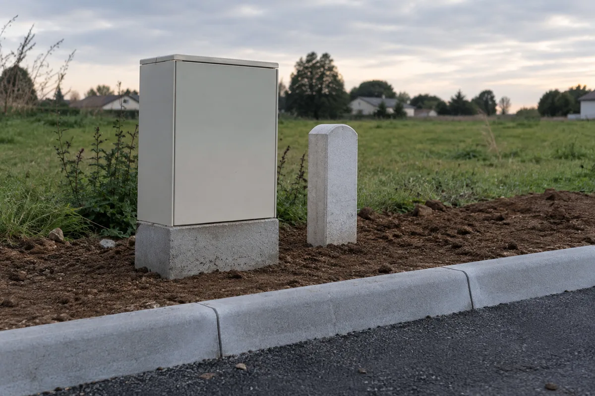 Coffret de raccordement électrique et borne de branchement en limite d’un terrain viabilisé