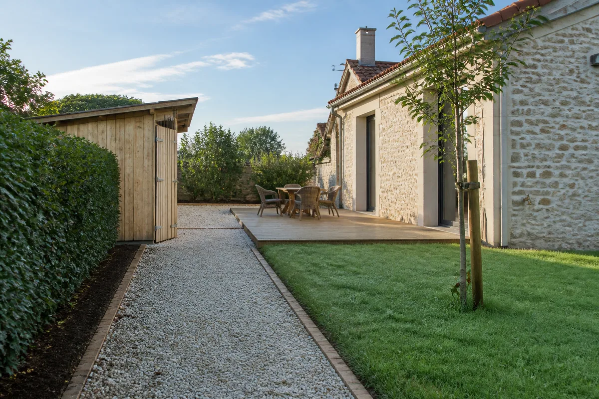 Maison de plain-pied avec jardin clos et terrasse en bois, visite locative