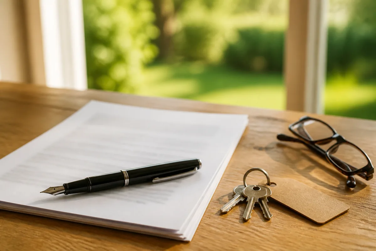 Signature d&rsquo;un bail de location de maison sur une table en bois avec clés