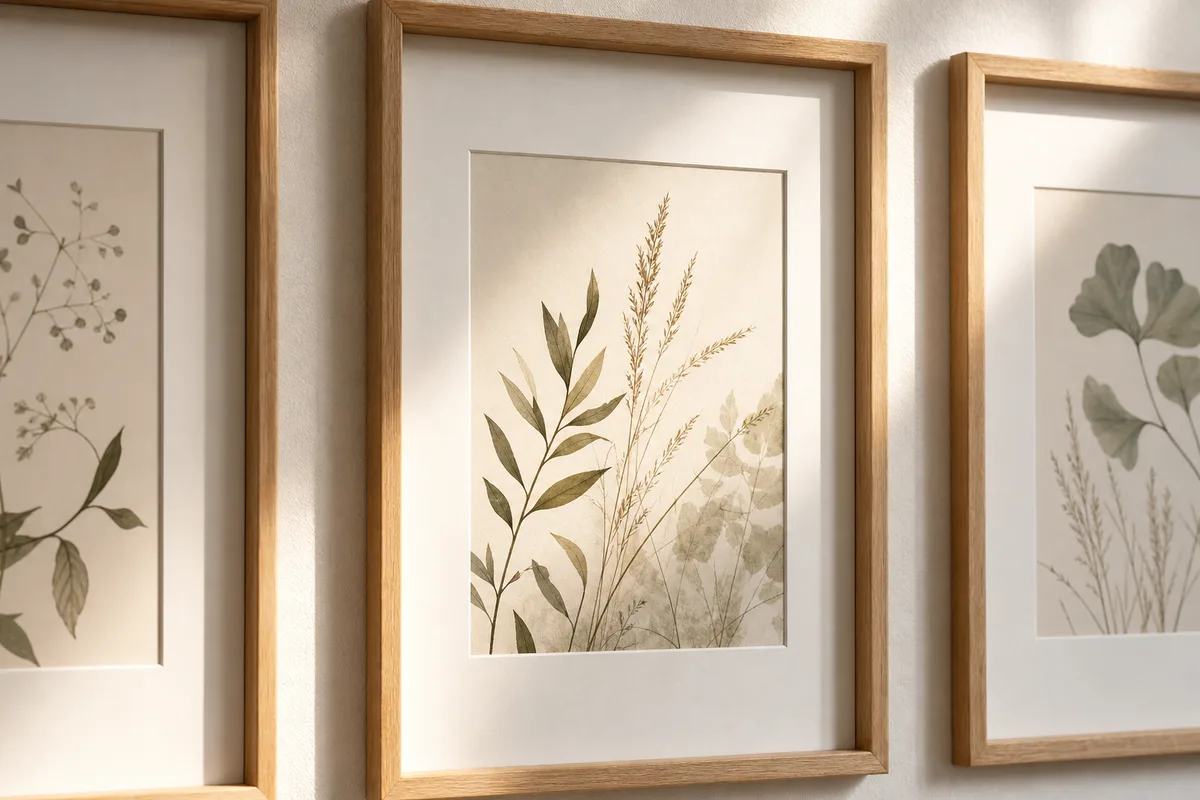 Détail d’affiches botaniques encadrées de chêne clair avec passe-partout blanc