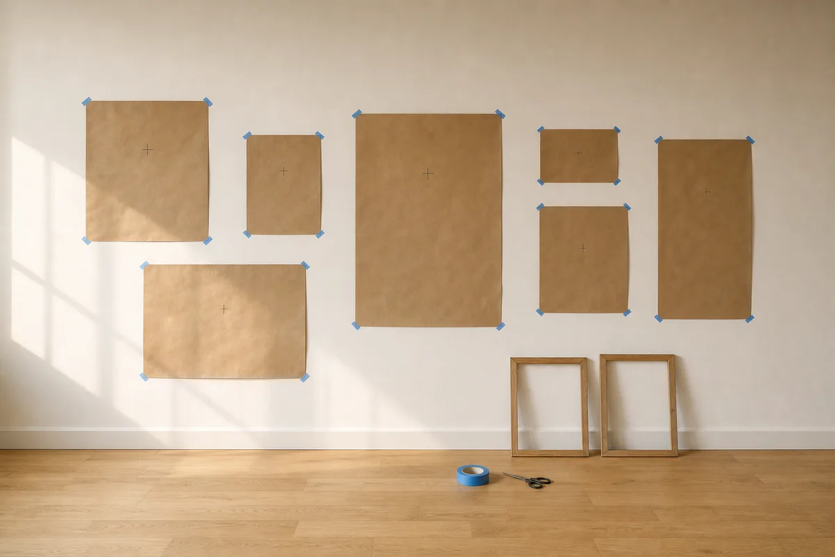 Gabarits de papier kraft fixés au mur avec de l’adhésif de masquage avant perçage