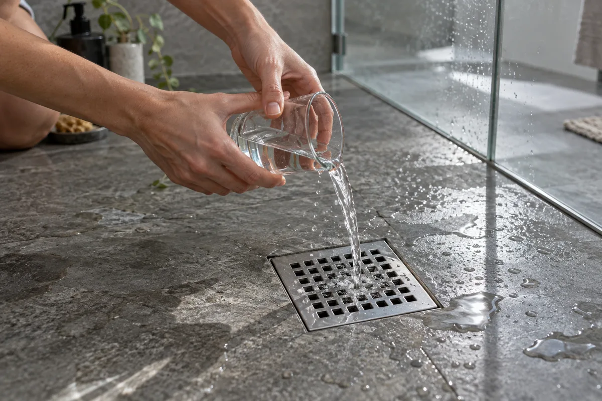 Mains versant un verre d&rsquo;eau dans la bonde d&rsquo;une douche à l&rsquo;italienne