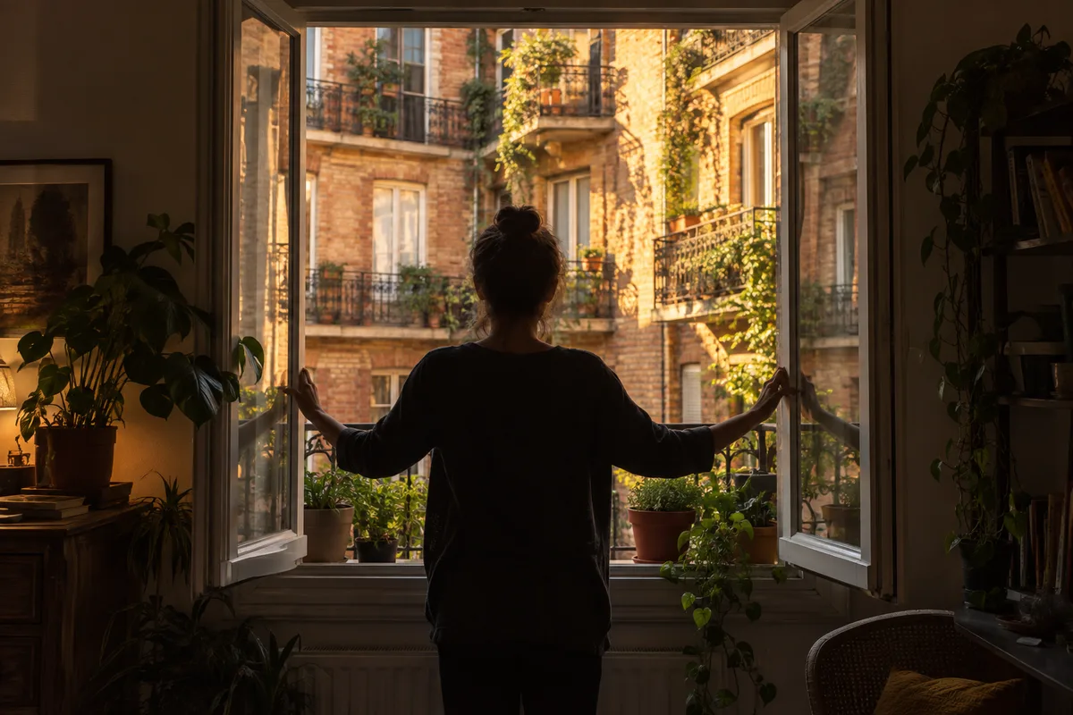 Personne de dos ouvrant une fenêtre d&rsquo;appartement sur une cour en brique