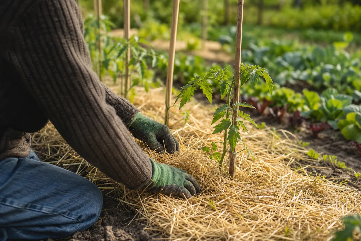 Jardinier étalant une couche de paillis de paille au pied de jeunes plants de tomates dans un potager