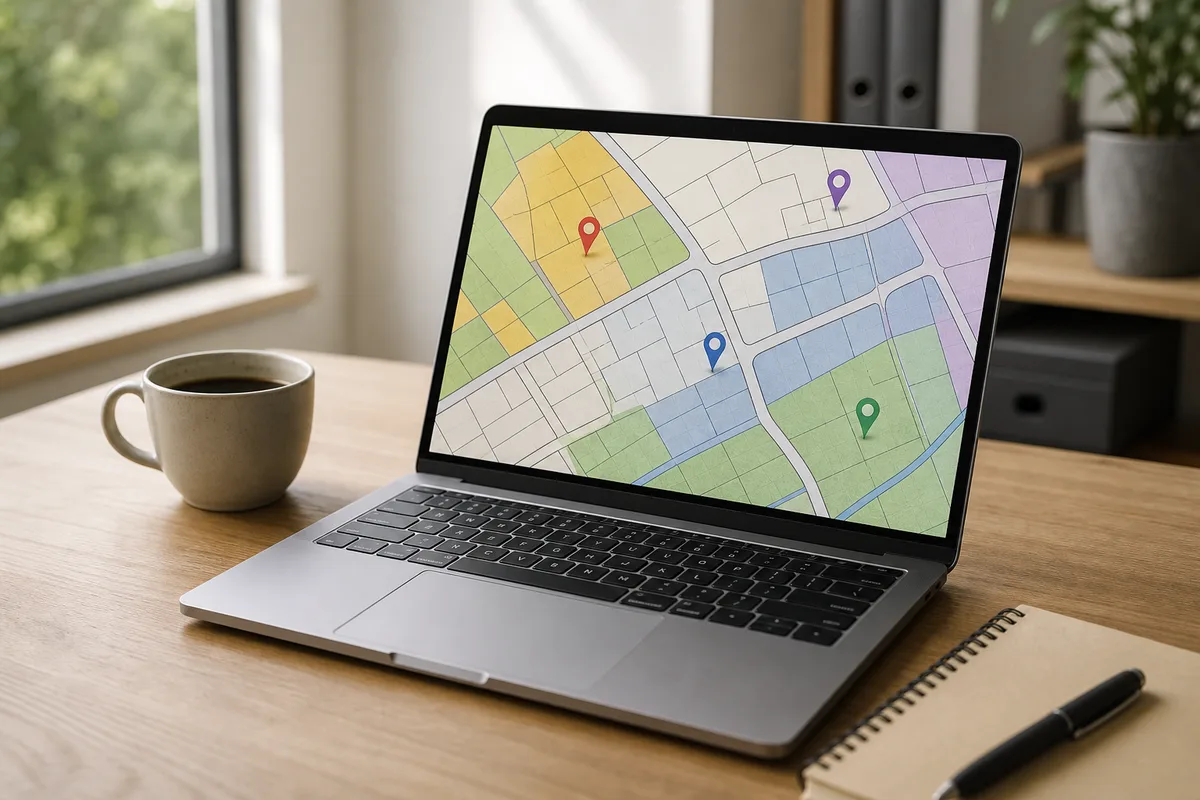 Carte interactive des ventes immobilières affichée sur un ordinateur portable posé sur un bureau