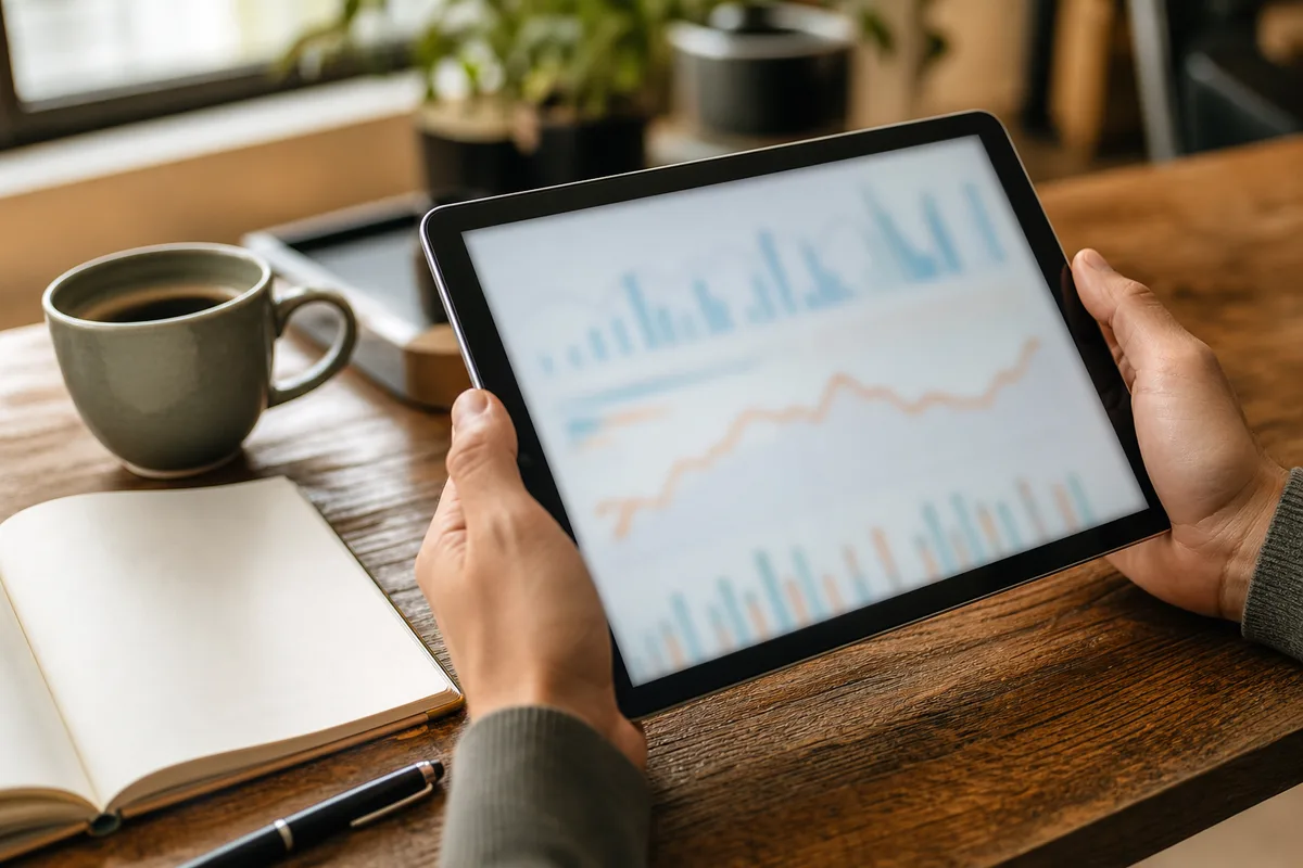 Mains tenant une tablette affichant des données chiffrées de transactions immobilières, café et carnet sur la table