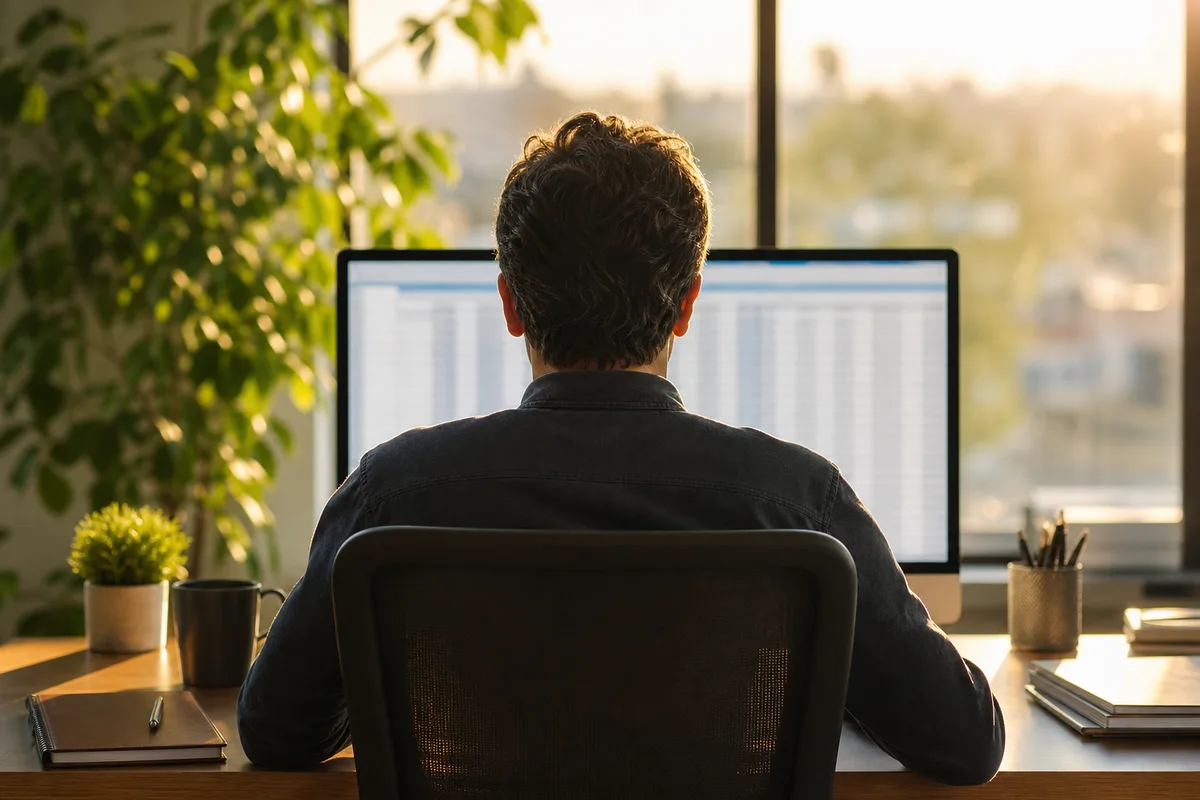 Personne de dos travaillant sur un tableur de données immobilières dans un bureau lumineux en fin de journée