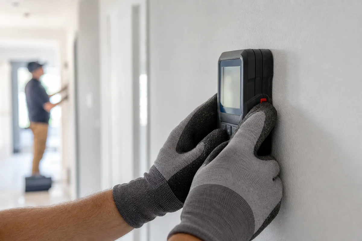 Diagnostiqueur en train de mesurer un mur intérieur avec un appareil de contrôle, silhouette floue en arrière-plan