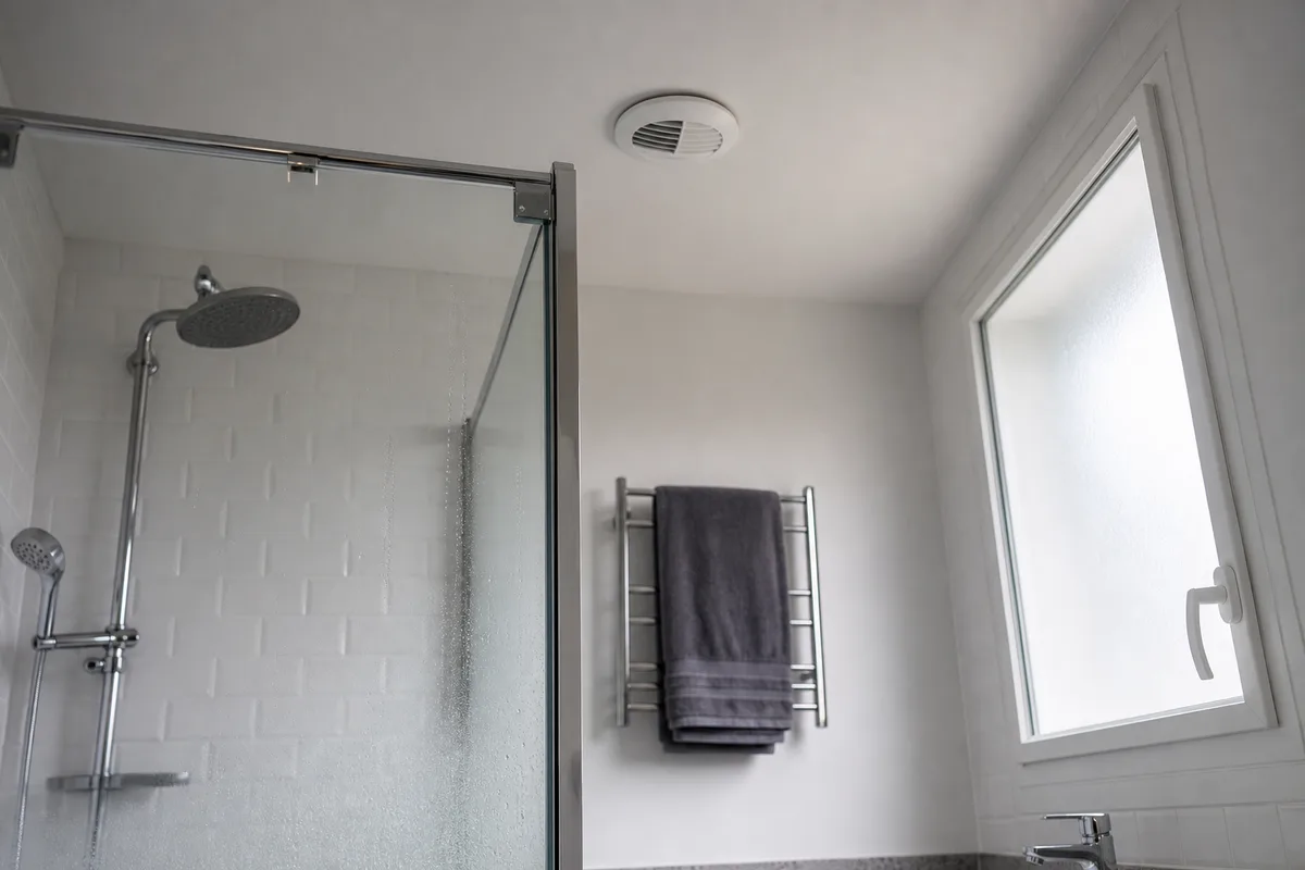 Bouche d’extraction hygroréglable blanche au plafond d’une salle de bains carrelée, vapeur légère