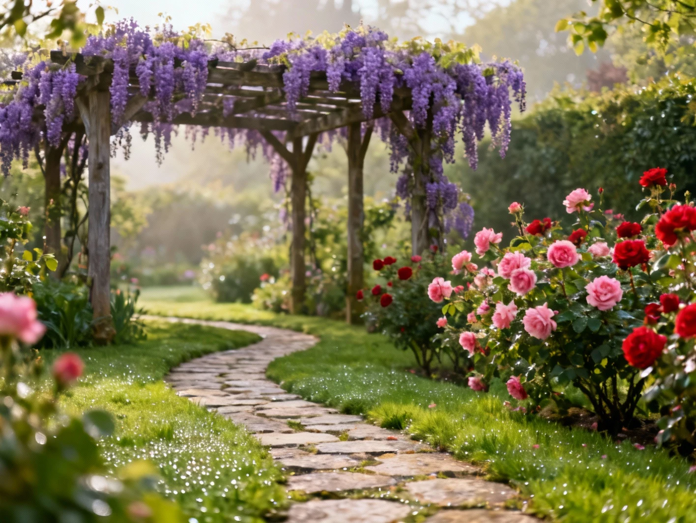 Jardin fleuri avec allée en pierre