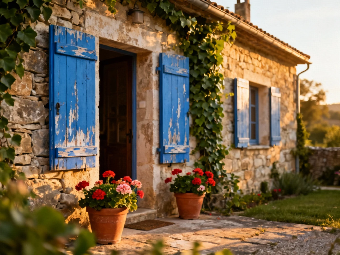 Maison en pierre avec volets et plantes