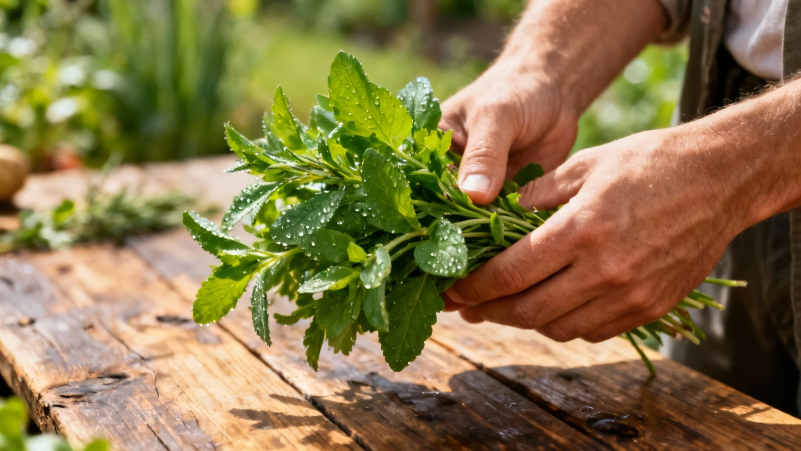 Mains tenant des herbes fraiches du jardin